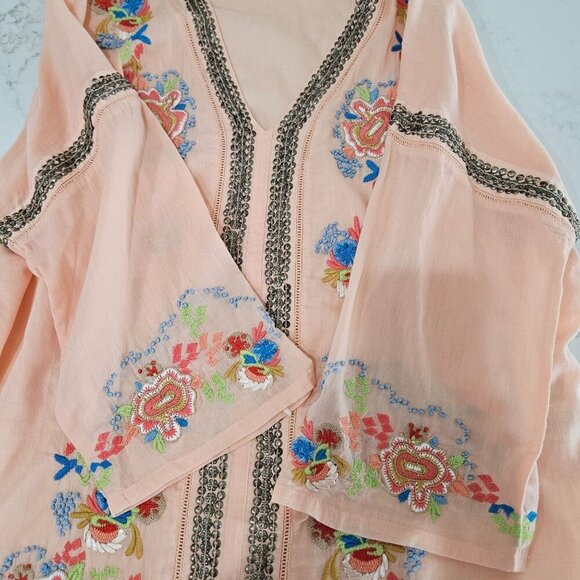 Soft Surroundings Palm Island Embroidered Tunic Top Small Peach Boho Artsy - Picture 5 of 12